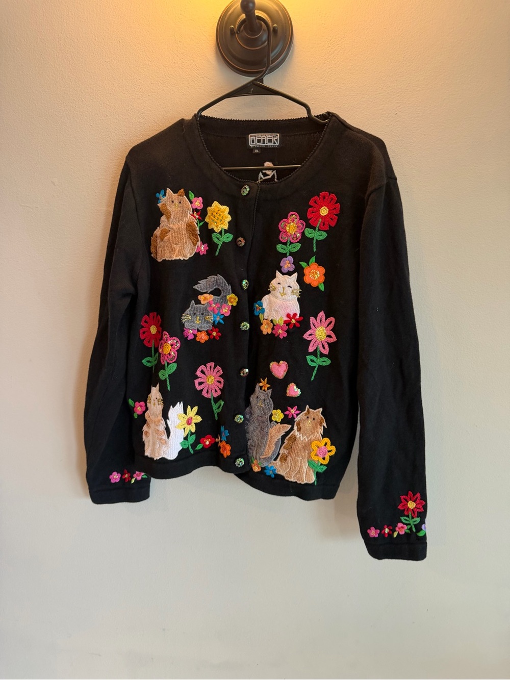 Vintage Berek Cat Sweater Cardigan XL Embroidered Sequined Floral Kittens